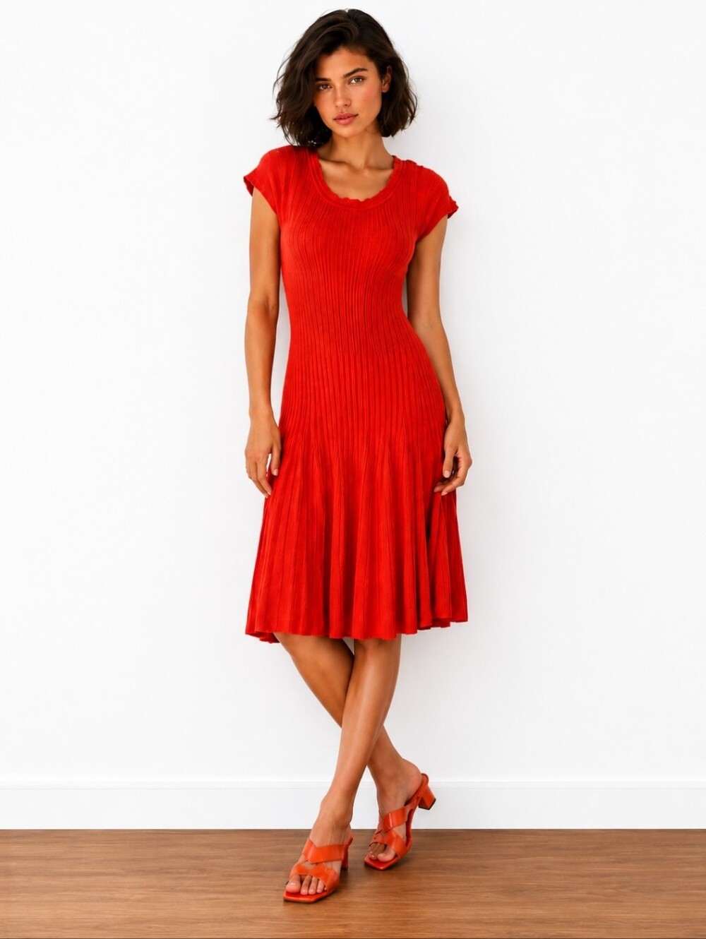 BCBGMAXAZRIA Coral Cotton Knit Fit & Flare Midi Textured Dress | Size L